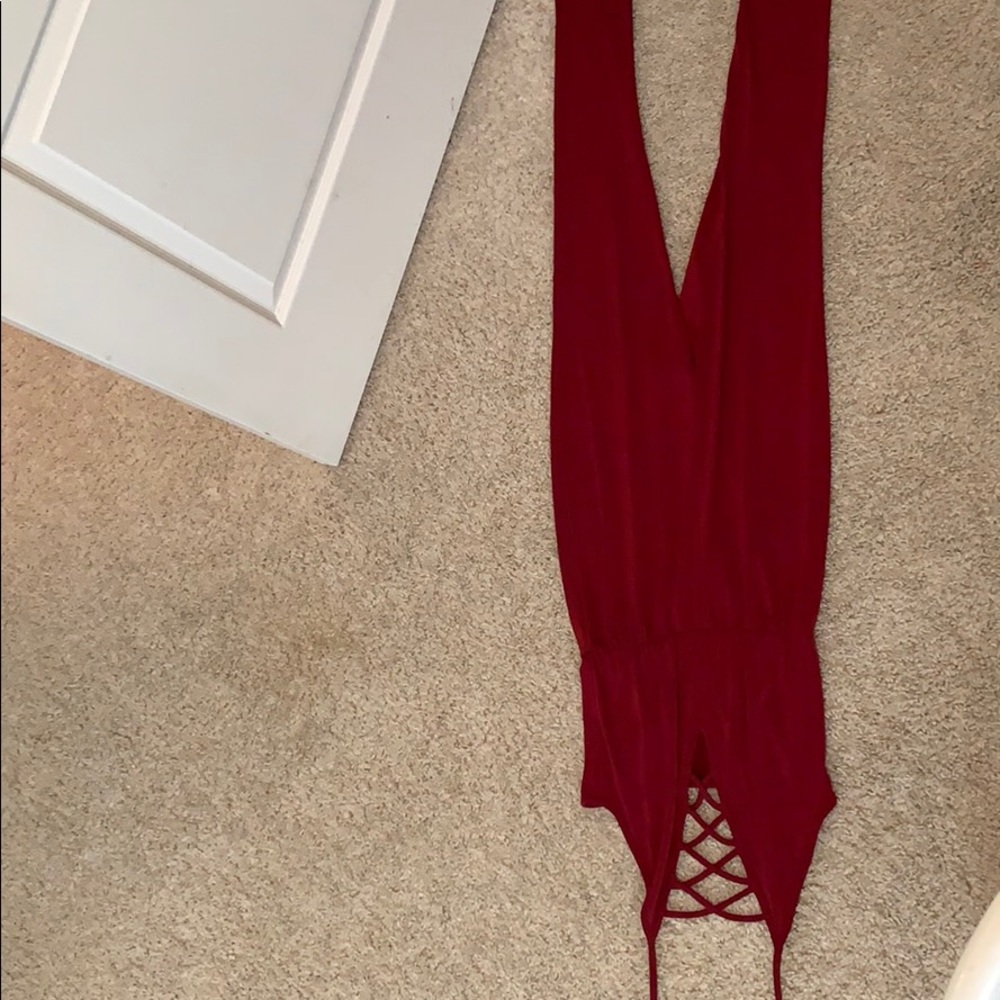 red halter jumpsuit